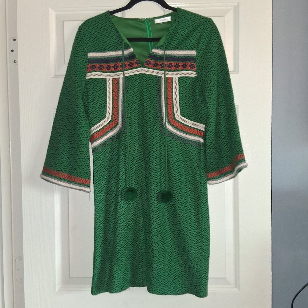 Esley Dress LG Green Orange Blue Embroidered Pom Pom Tie Neck Bell Sleeve